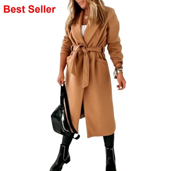 Women's Long Belted Wool Pea Coat Lapel Collar Open Front Jacket - Picture 3 of 7